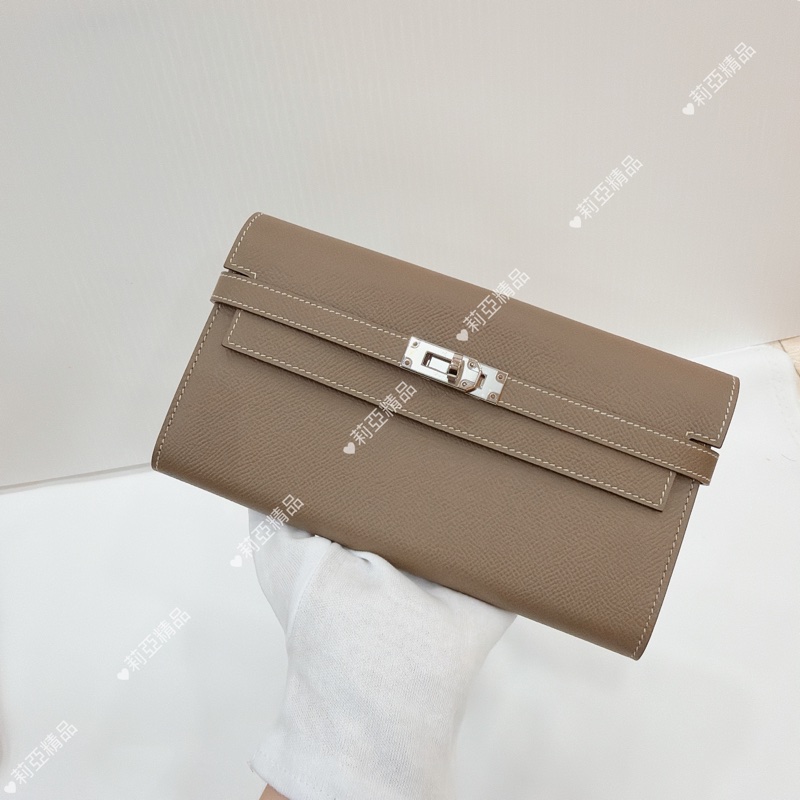 莉亞精品♡ Hermes Kelly 大象灰長夾 D刻 未使用閒置品-1
