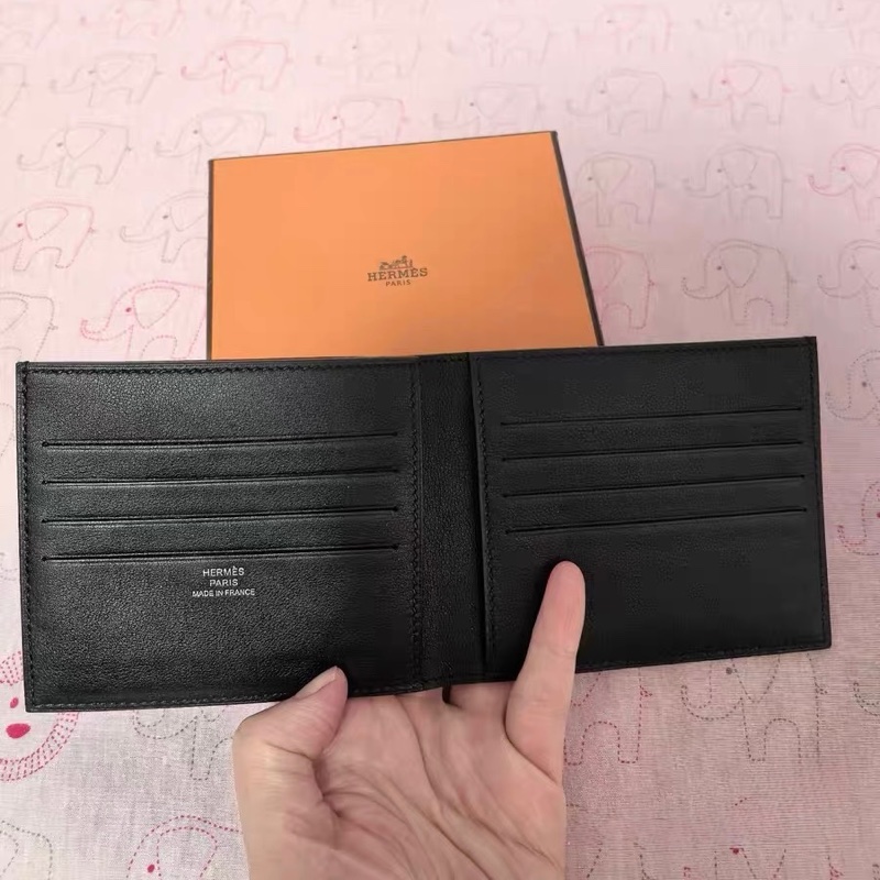 全新漏價 Hermès Swift Silk’In 內裡 男用對折短夾 黑色｜藍色鏈條印花內裡｜附盒-4
