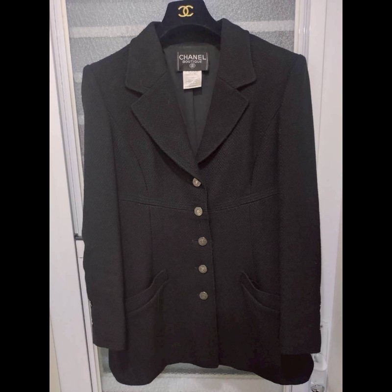 Chanel 霧銀釦黑羊毛料外套-0