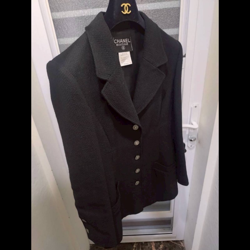 Chanel 霧銀釦黑羊毛料外套-4