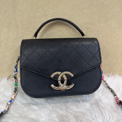 Chanel 黑荔枝皮彩色皮穿鏈下蓋手提斜背包
