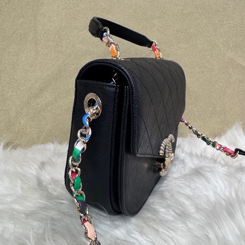 Chanel 黑荔枝皮彩色皮穿鏈下蓋手提斜背包-2