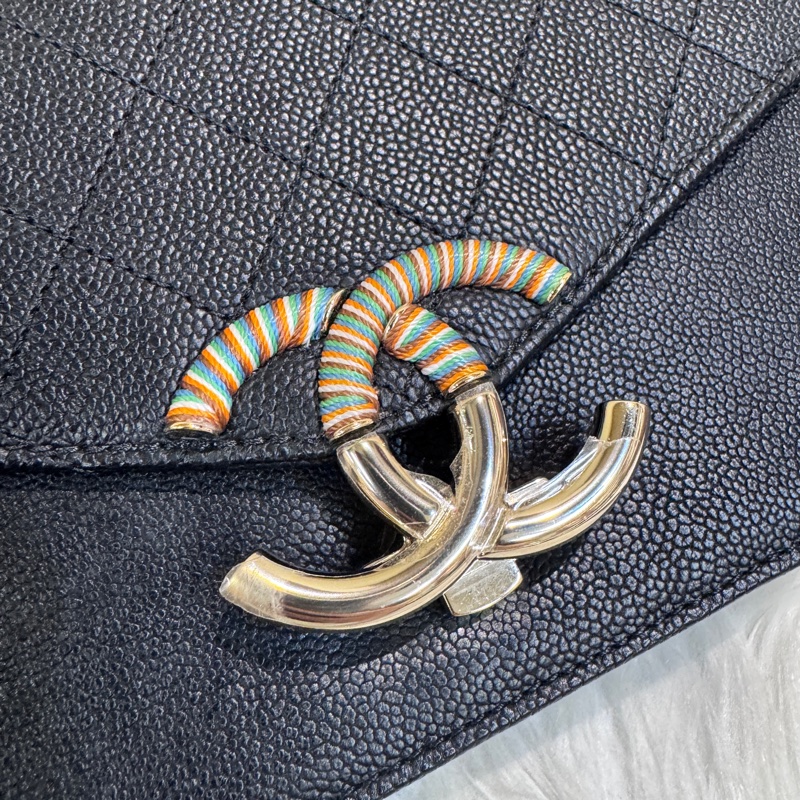 Chanel 黑荔枝皮彩色皮穿鏈下蓋手提斜背包-7