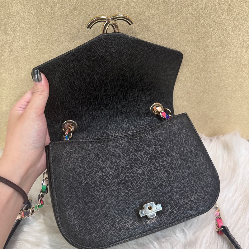 Chanel 黑荔枝皮彩色皮穿鏈下蓋手提斜背包-9