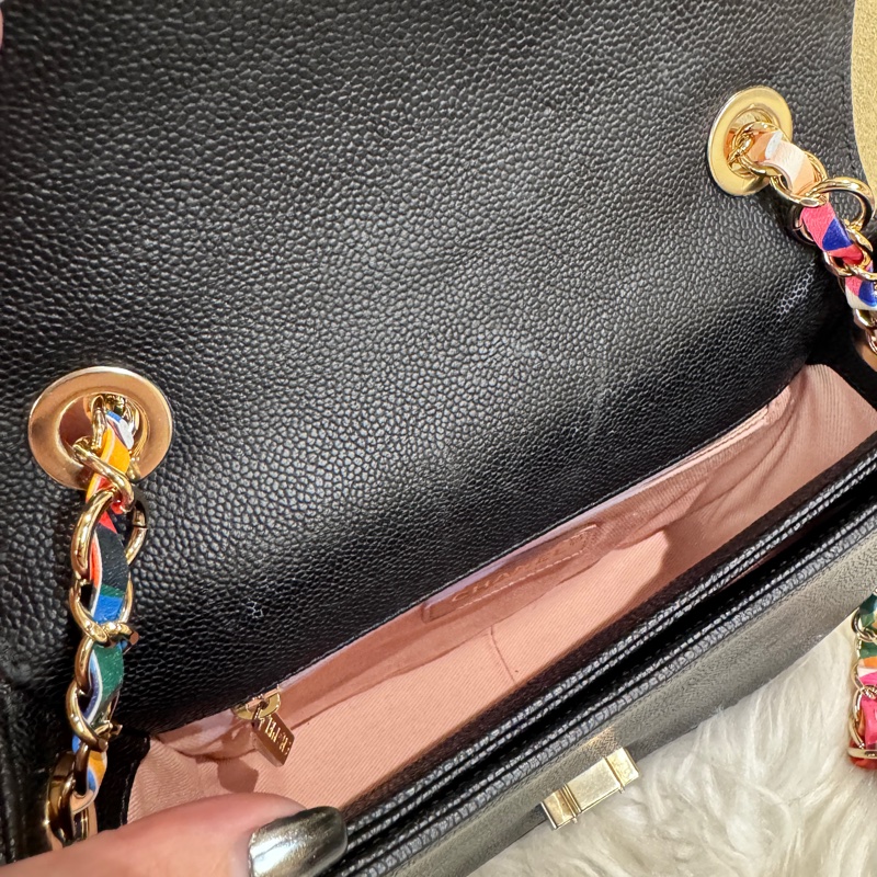 Chanel 黑荔枝皮彩色皮穿鏈下蓋手提斜背包-10