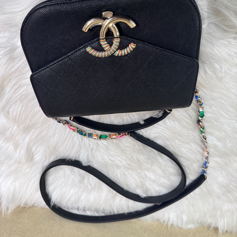 Chanel 黑荔枝皮彩色皮穿鏈下蓋手提斜背包-18
