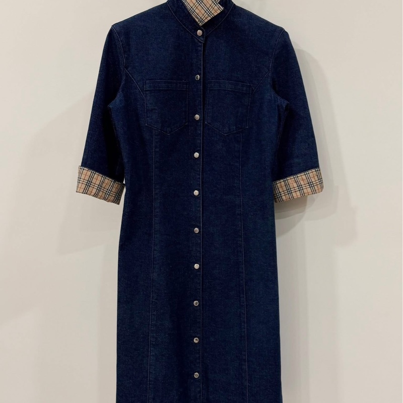 BURBERRY 經典格紋彈性按扣牛仔洋裝-0