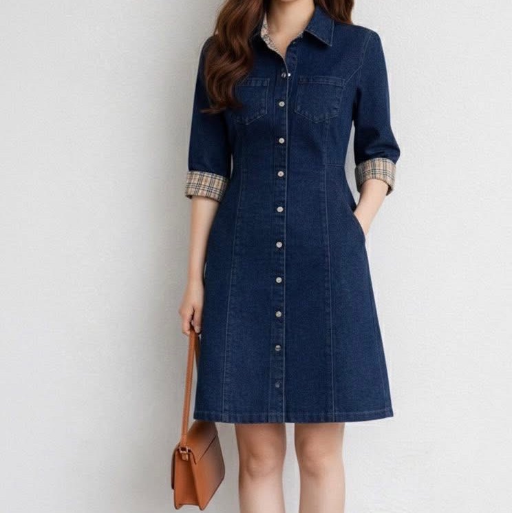 BURBERRY 經典格紋彈性按扣牛仔洋裝-9