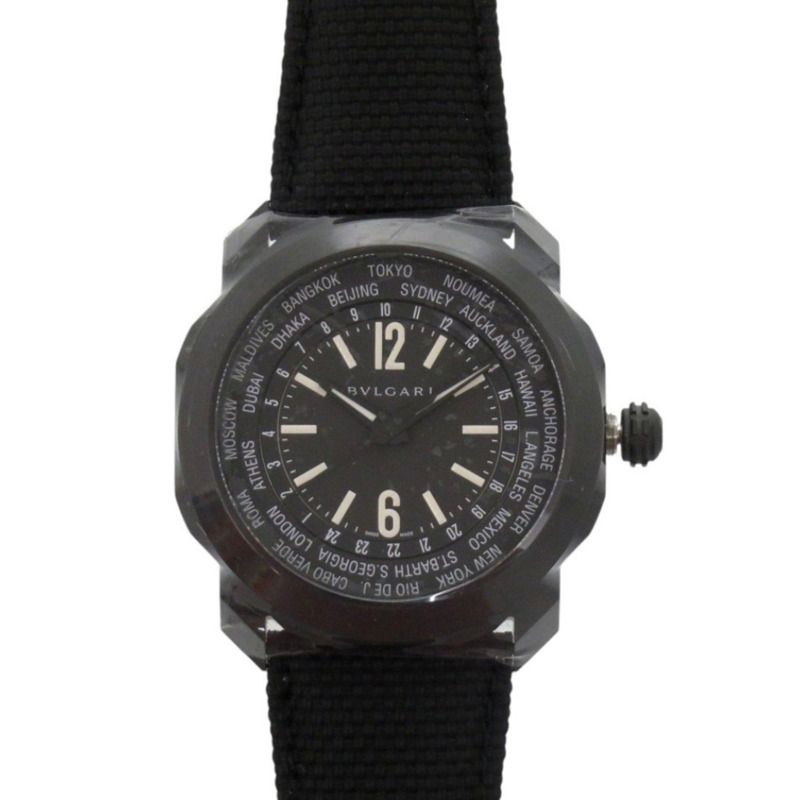 近全新寶格麗 Octo Roma 世界時腕錶 OC41SWT 不鏽鋼黑色橡膠錶帶自動上鍊腕錶，錶盤編號 0427-0