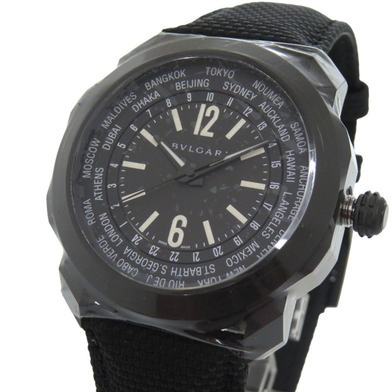 近全新寶格麗 Octo Roma 世界時腕錶 OC41SWT 不鏽鋼黑色橡膠錶帶自動上鍊腕錶，錶盤編號 0427-3