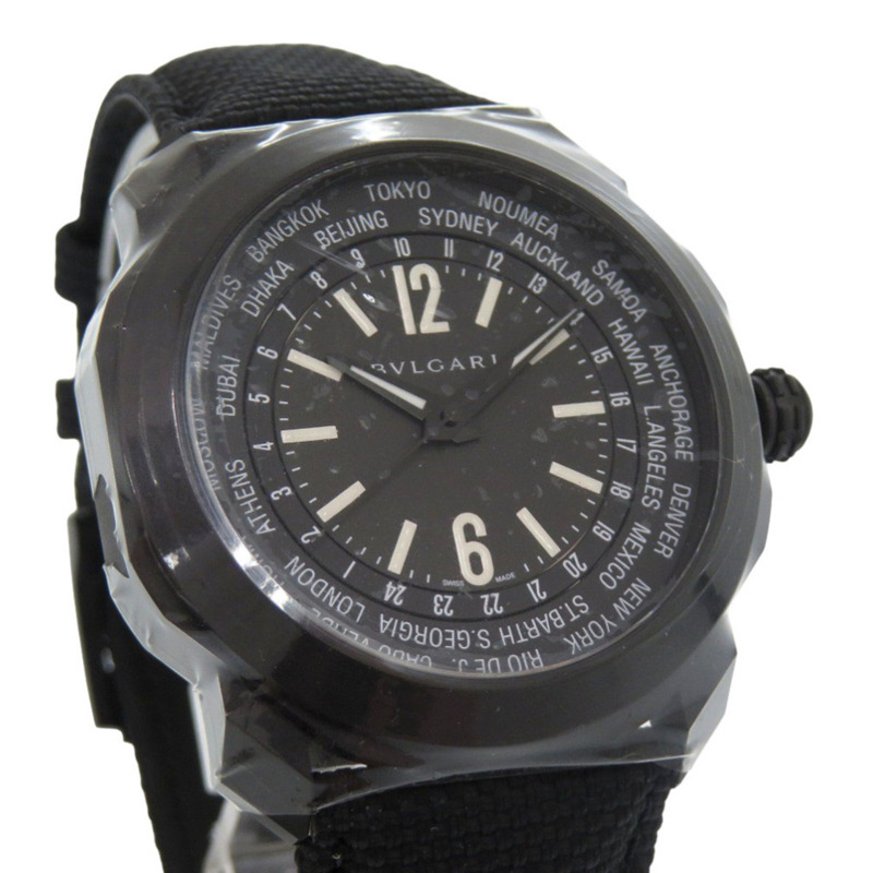 近全新寶格麗 Octo Roma 世界時腕錶 OC41SWT 不鏽鋼黑色橡膠錶帶自動上鍊腕錶，錶盤編號 0427-4