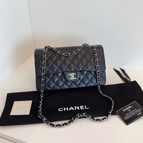 Chanel黑銀羊皮雙蓋CF25