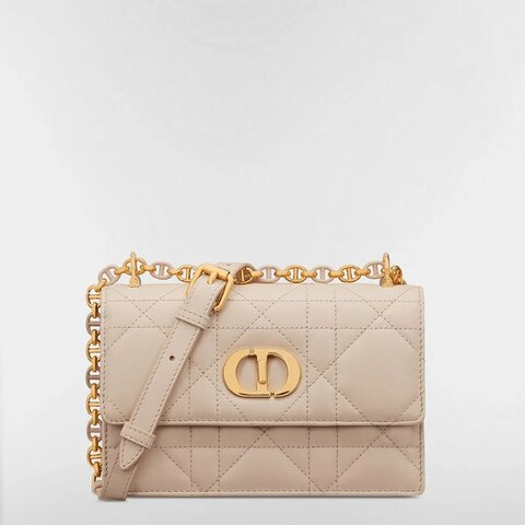 CHRISTIAN DIOR - 淡米色羊皮金釦Miss Caro 大籐格紋斜背包