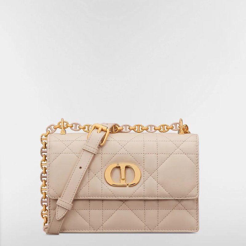 CHRISTIAN DIOR - 淡米色羊皮金釦Miss Caro 大籐格紋斜背包-0