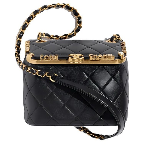 香奈兒 Chanel 23C 黑金字母盒子單肩包，晚宴包，晶片款Quilted Lambskin Paris Monaco Kiss Lock Vanity Mini Black