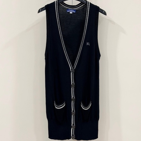 BURBERRY 藍標 深藍滾邊針織戰馬長版口袋背心