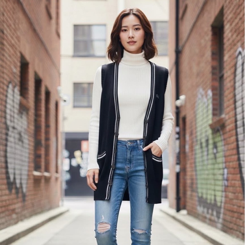 BURBERRY 藍標 深藍滾邊針織戰馬長版口袋背心-0