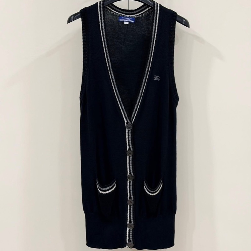 BURBERRY 藍標 深藍滾邊針織戰馬長版口袋背心-1