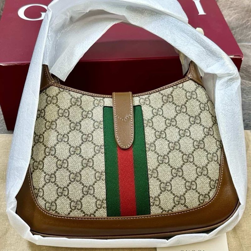 閒置新Gucci 古馳 Jackie 1961 金色鎖扣老花滿印可延長肩帶 帆布拼皮 手提腋下包 單肩斜挎包女款尺寸：28*4.5*19cm 附件：塵袋 肩帶 🈚盒-1