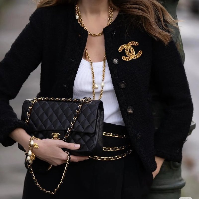 CHANEL - 黑色羊皮菱格金釦COCO 23cm-5