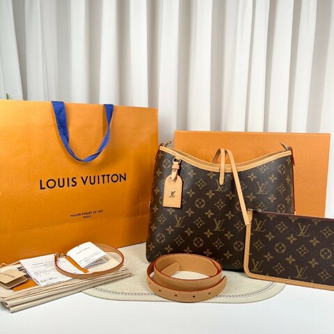 ghh bj zzz LV路易威登  芯片款 Carryall PM小号子母包 经典老花满印购物袋 涂层帆布拼牛皮饰边 手提单肩包托特包 女款 棕色