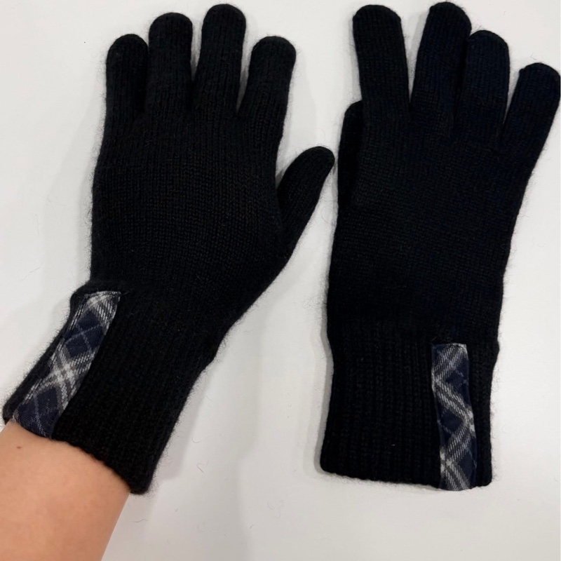 BURBERRY 混安哥拉羊毛格紋手套 黑色-3