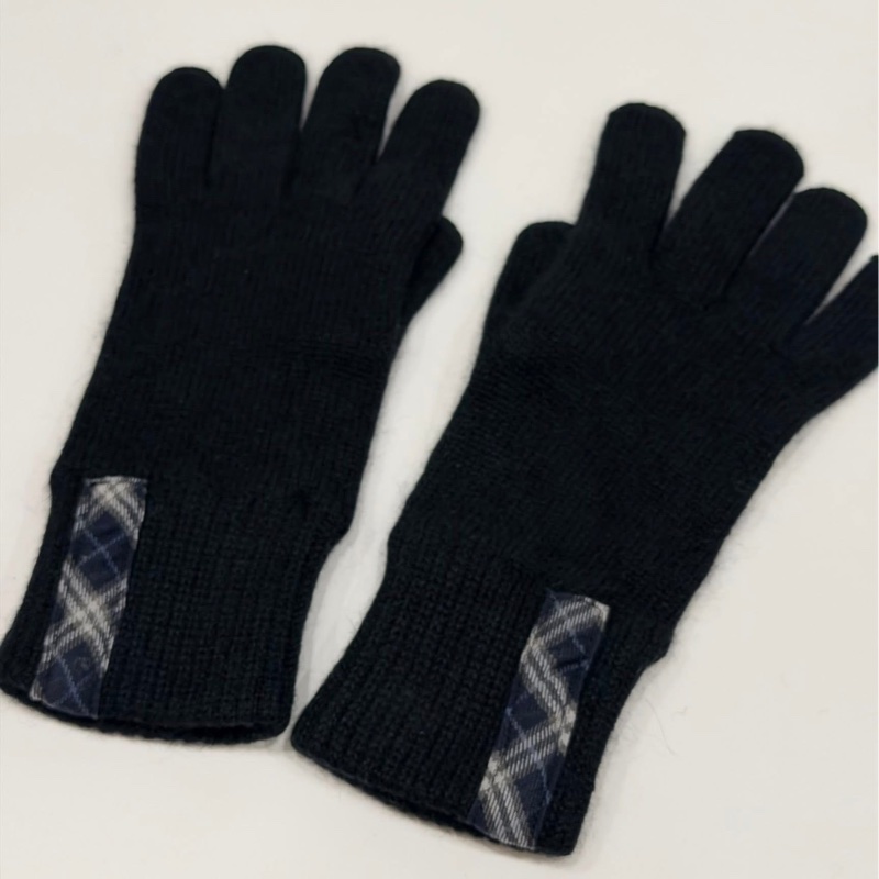 BURBERRY 混安哥拉羊毛格紋手套 黑色-4