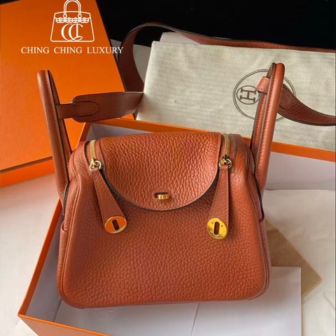 🌈Hermes🌟Mini Lindy一代🧡6C南瓜色金扣🧡有盒有單🌈98新🌟TC皮🌟愛馬仕🌟