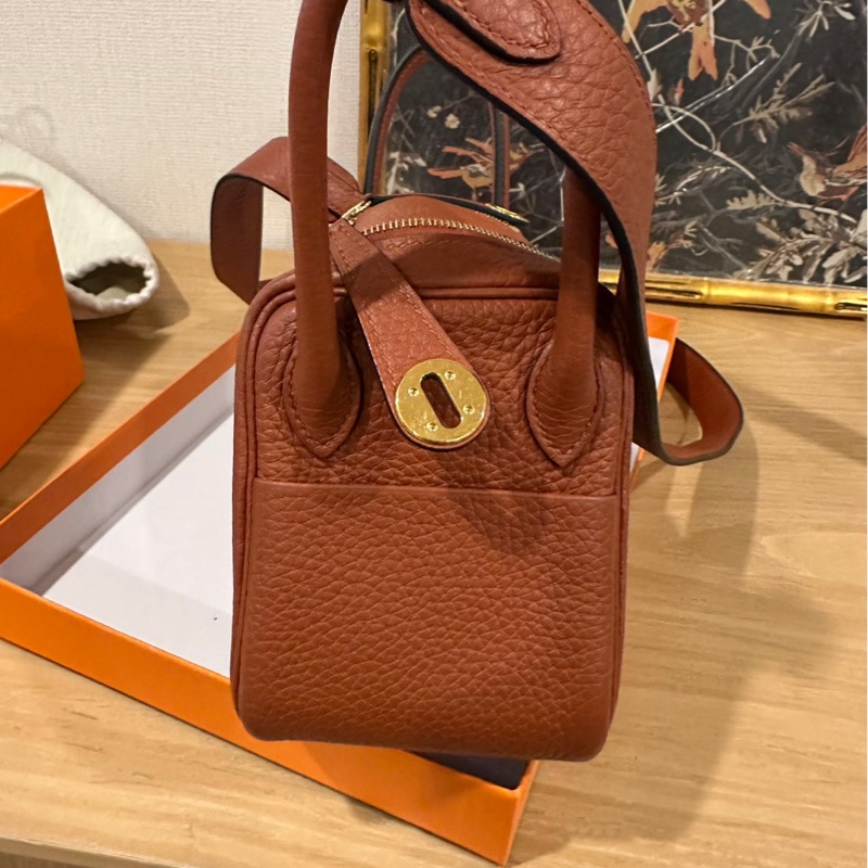 🌈Hermes🌟Mini Lindy一代🧡6C南瓜色金扣🧡有盒有單🌈98新🌟TC皮🌟愛馬仕🌟-3