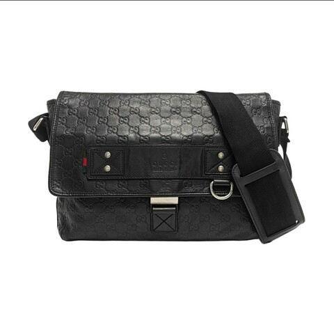 GUCCI Ligne Shima 黑色牛皮老花壓紋單肩包斜挎包銀色五金