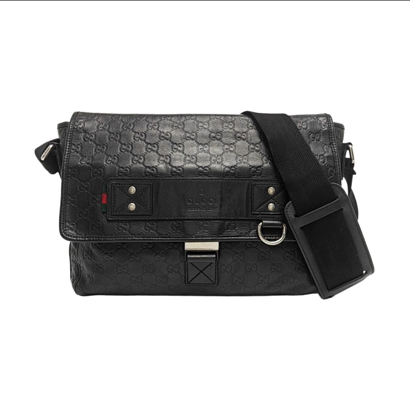 GUCCI Ligne Shima 黑色牛皮老花壓紋單肩包斜挎包銀色五金-0