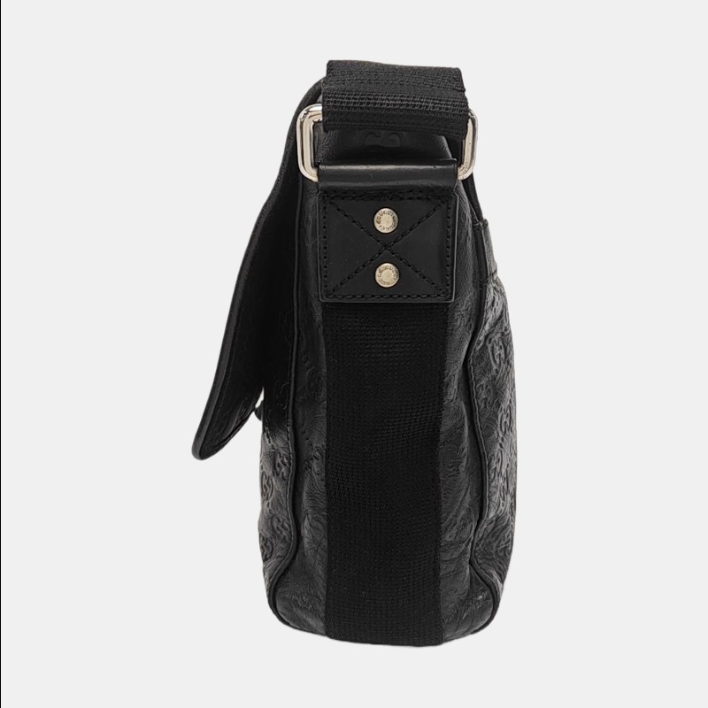 GUCCI Ligne Shima 黑色牛皮老花壓紋單肩包斜挎包銀色五金-1