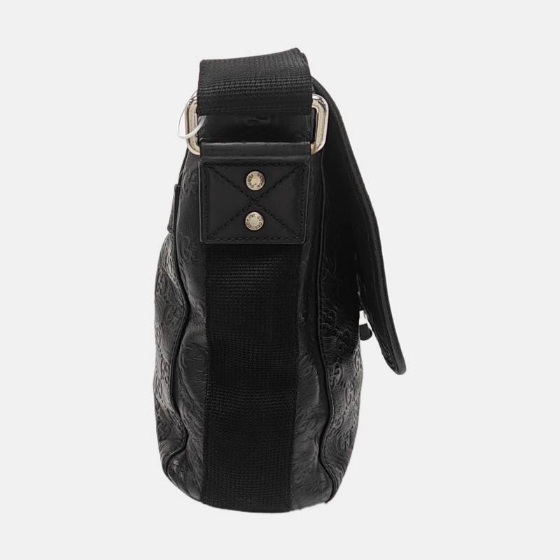 GUCCI Ligne Shima 黑色牛皮老花壓紋單肩包斜挎包銀色五金-2