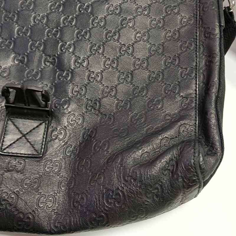 GUCCI Ligne Shima 黑色牛皮老花壓紋單肩包斜挎包銀色五金-6