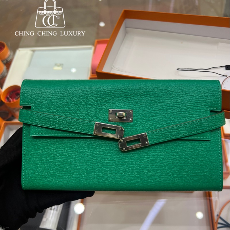 🌈Hermes💚Kelly Wallet💚竹子綠色銀扣🌟99.8新閑置🌟山羊皮🌟有盒🌟愛馬仕🌟-0