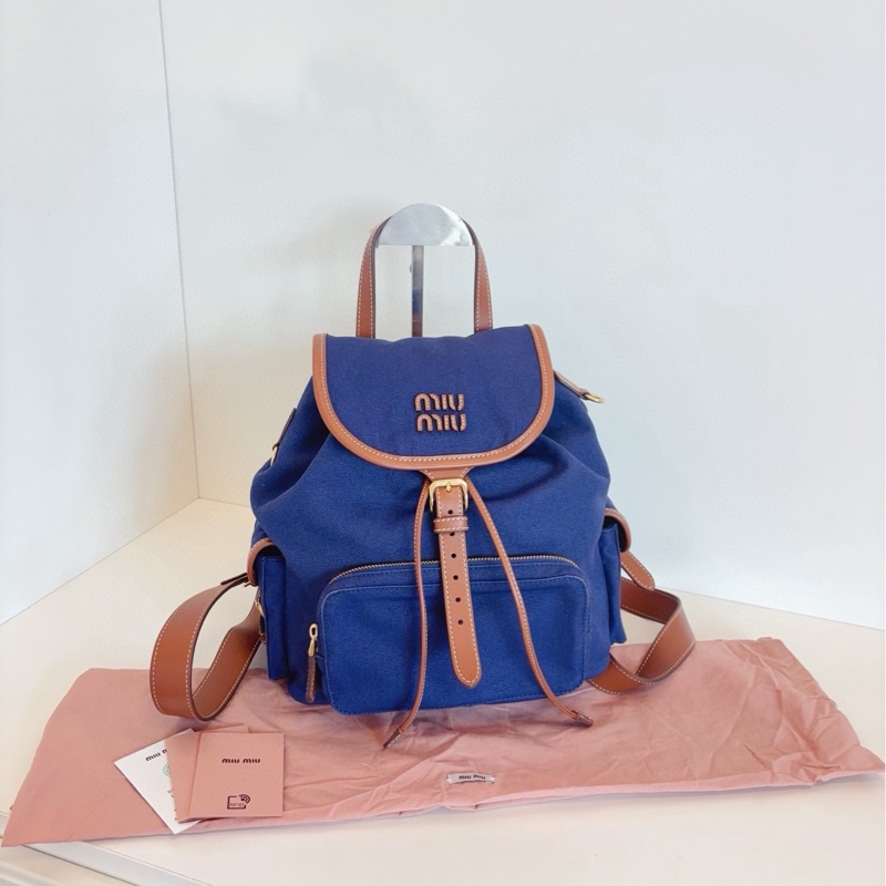 Miumiu牛仔藍帆布雙肩包-0