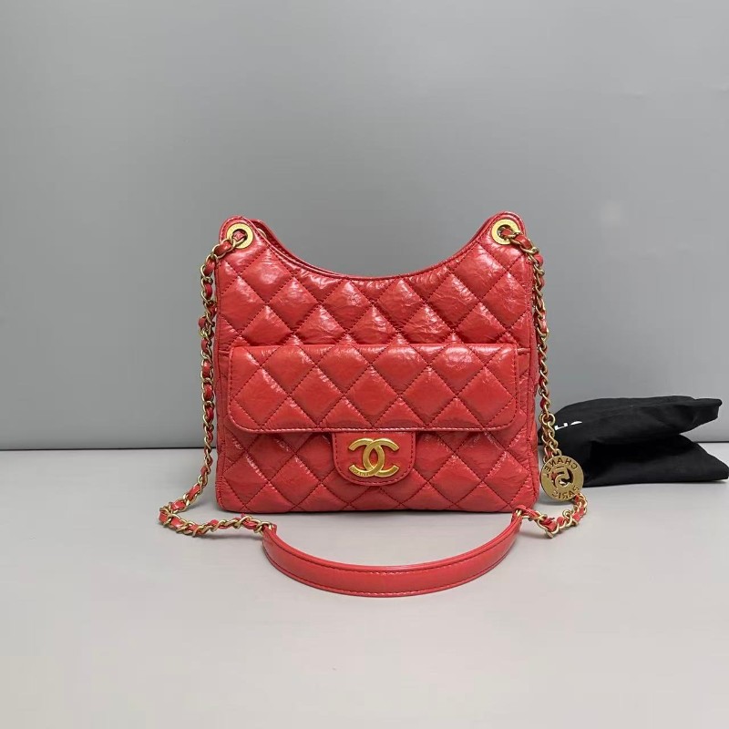 Chanel珊瑚紅油蠟牛皮hobo天貓精靈 晶片-0