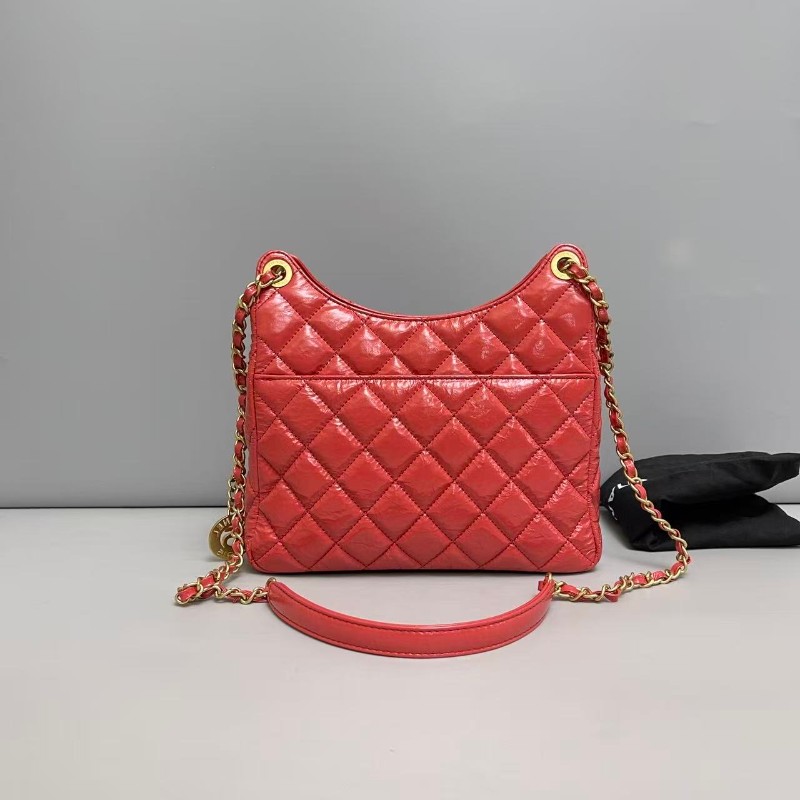 Chanel珊瑚紅油蠟牛皮hobo天貓精靈 晶片-1