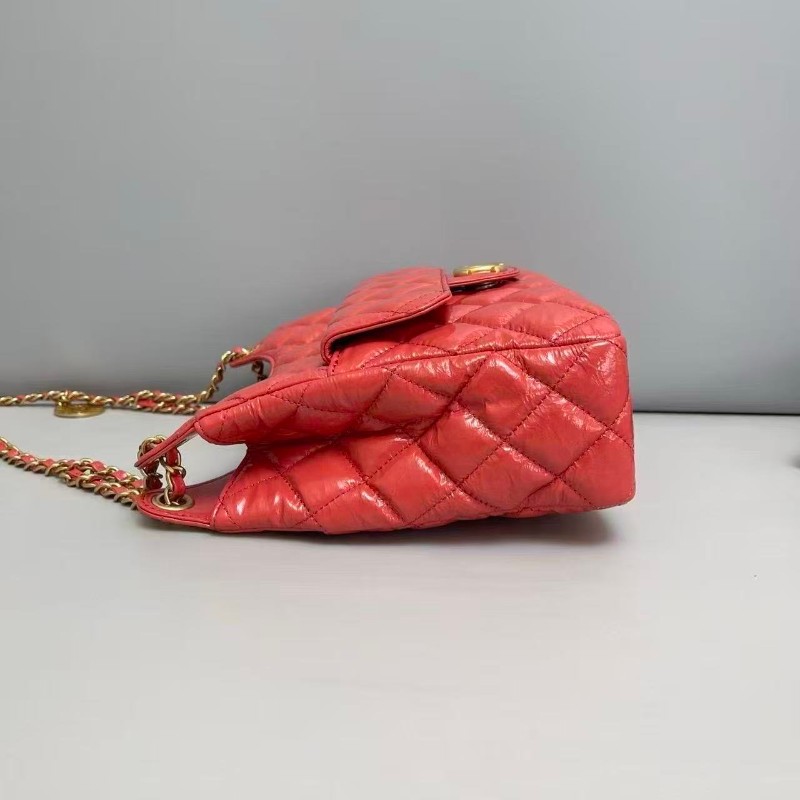 Chanel珊瑚紅油蠟牛皮hobo天貓精靈 晶片-5