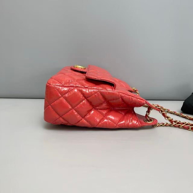 Chanel珊瑚紅油蠟牛皮hobo天貓精靈 晶片-6