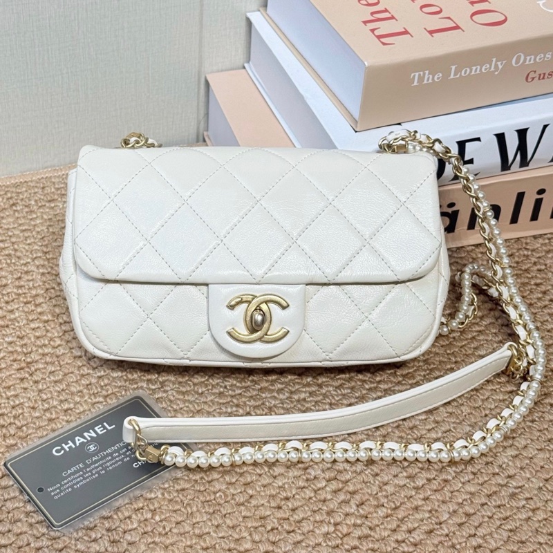 【97新 超稀有保值款✨ 全網最低價！】Chanel CF大mini 白色 珍珠特別款鏈條 超級稀有保值-1