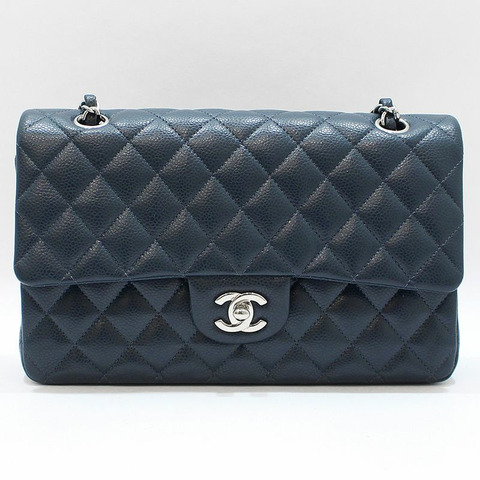 【包稅】CHANEL A01112 海軍藍魚子醬銀色經典中型單肩包