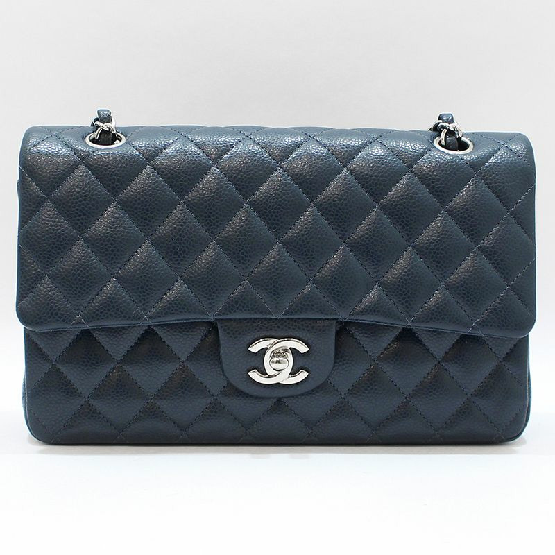 【包稅】CHANEL A01112 海軍藍魚子醬銀色經典中型單肩包-0