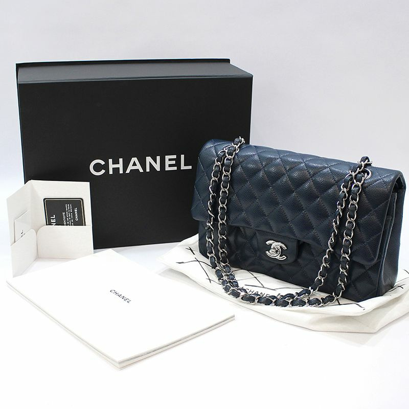 【包稅】CHANEL A01112 海軍藍魚子醬銀色經典中型單肩包-1