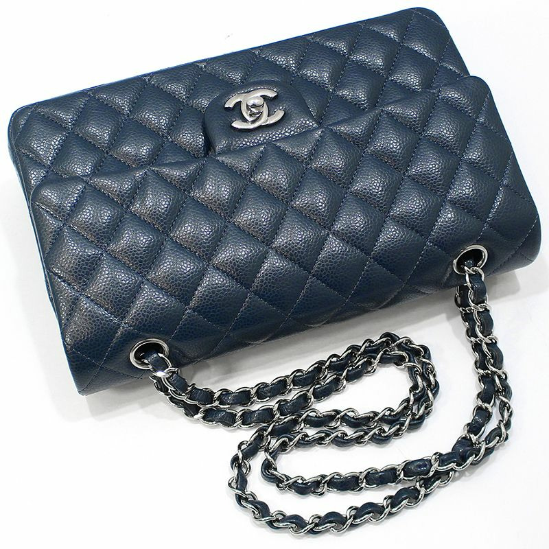 【包稅】CHANEL A01112 海軍藍魚子醬銀色經典中型單肩包-2
