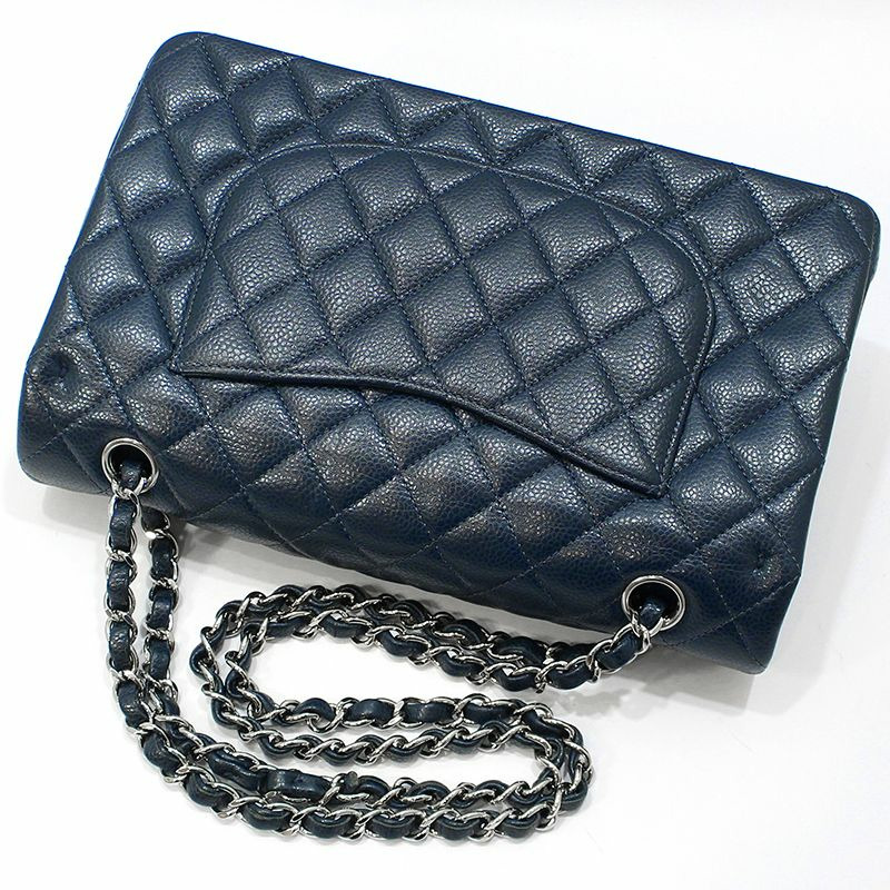 【包稅】CHANEL A01112 海軍藍魚子醬銀色經典中型單肩包-3