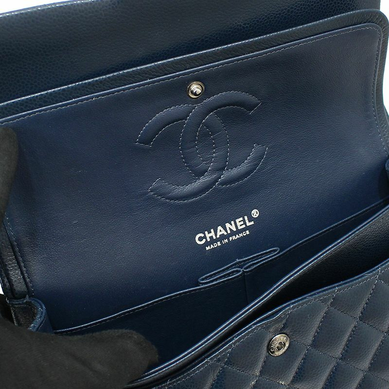 【包稅】CHANEL A01112 海軍藍魚子醬銀色經典中型單肩包-7