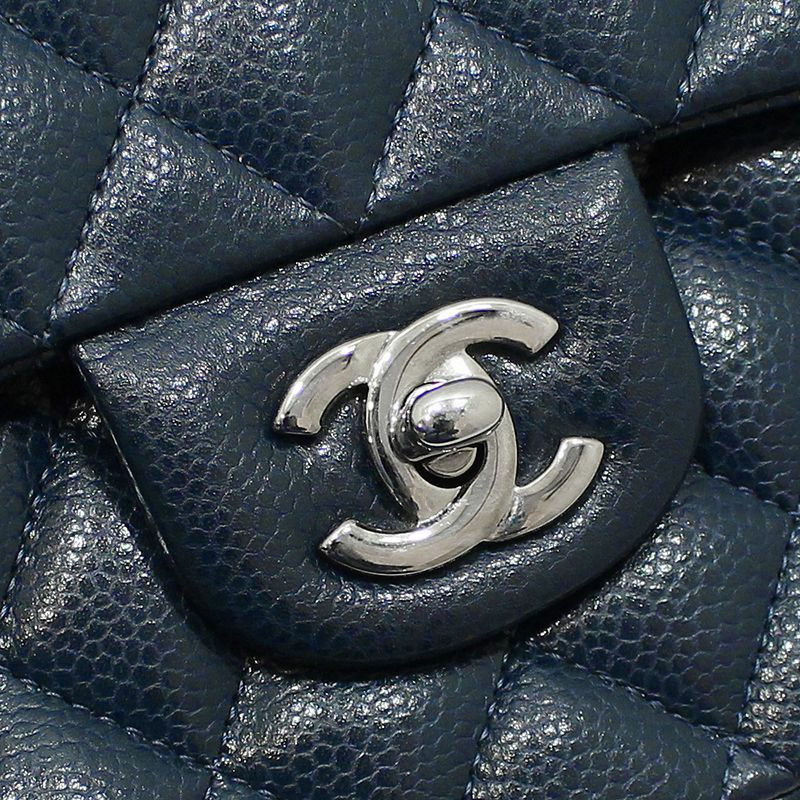 【包稅】CHANEL A01112 海軍藍魚子醬銀色經典中型單肩包-9