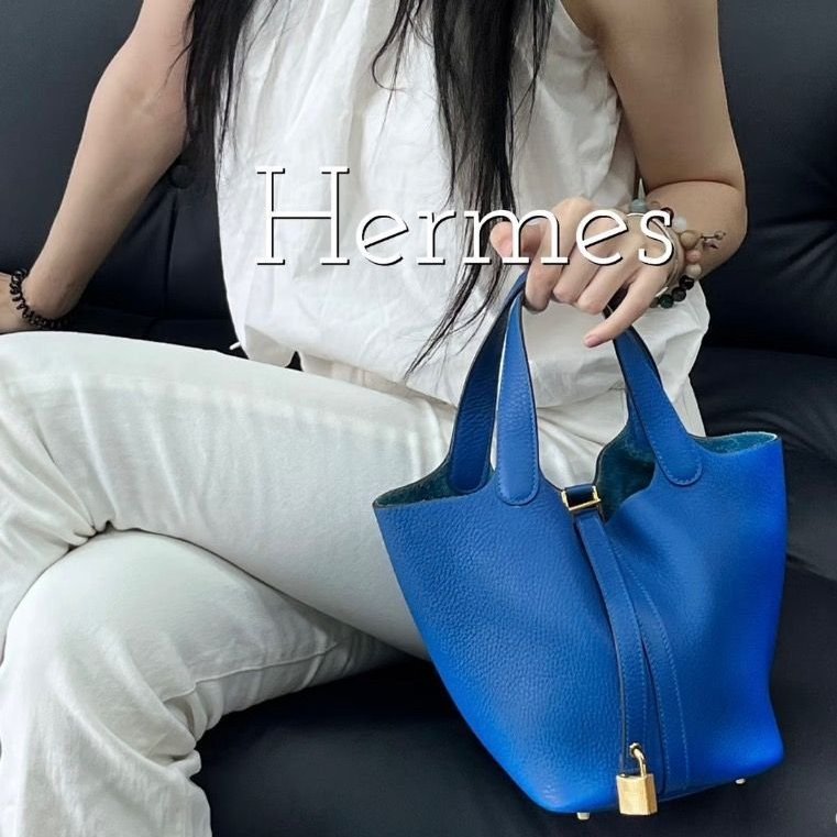 HERMES 海軍藍菜籃子18手提包18*18*13 98新配件購證塵袋鎖鑰匙-0