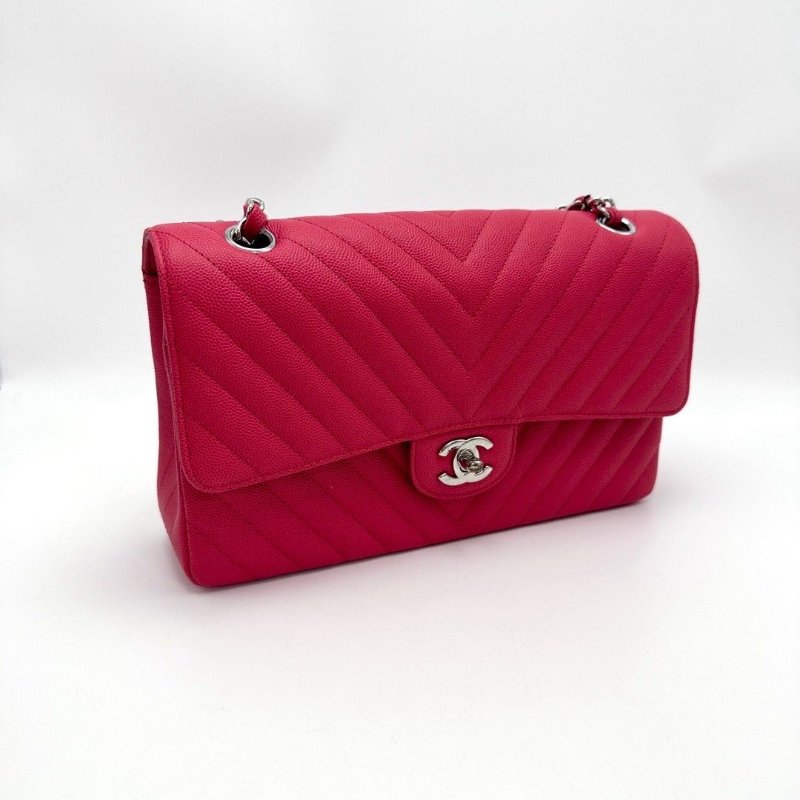 CHANEL 紅銀V紋荔枝牛皮CF中號肩背斜背包25*15*6.5 全新閒置配件盒子塵袋吊牌保卡-1